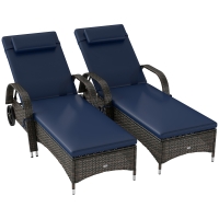 Outsunny 2 Reclining Chaise Lounge Chairs, Rolling Outdoor Chairs with Cushion, Pillow, Headrest, Armrests, and Wheels, Dark Blue