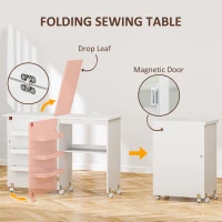 HOMCOM Sewing Machine Cabinet, Folding Sewing Table with Storage Shelf, Bins and Lockable Wheels for Small Space, White(m-4)