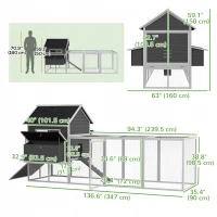 PawHut 137" Wooden Chicken Coop with Chicken Run, Nesting Box, Grey(m-3)