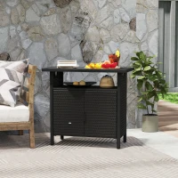 Outsunny Outdoor Pool Towel Storage Cabinet Organizer, Outdoor Bar Table with Shelf and Cabinet, Pool Towel Holder Pool Valet with Weather-Resistant PE Rattan and Steel Frame, Espresso(m-10)