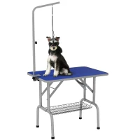 PawHut Foldable Grooming Table for Dogs with Height Adjustable Grooming Arm, Storage Shelf, Blue(m-2)