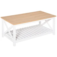 HOMCOM Farmhouse Coffee Table with Slatted Bottom Shelf, Center Table with X Bar Frame for Living Room, White, Natural(m-11)