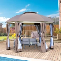 Outsunny 12' x 12' Outdoor Gazebo Canopy, Dome Patio Gazebo Netting Sidewalls and Curtains, Double Vented Roof, Brown(m-8)