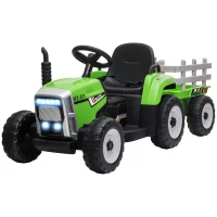 Aosom 12V Ride on Tractor with Trailer, 25W Dual Motors, Battery Powered Electric Tractor with Remote Control, Music Startup Sound and Horn, LED Lights, Green(m-11)