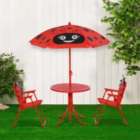 Outsunny Kids Folding Picnic Table and Chair Set Pattern Outdoor Garden Patio Backyard with Removable & Height Adjustable Sun Umbrella Red(m-8)