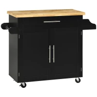 HOMCOM Kitchen Island with Storage, Rolling Cart Trolley with Rubberwood Top, Adjustable Shelf, Drawer, Spice Rack, Black(m-11)