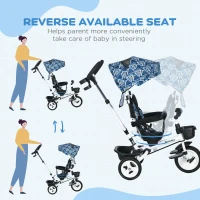 Qaba 6 in 1 Toddler Tricycle with Parent Push Handle, Canopy, Storage Baskets, Cupholder, Light Blue(m-6)