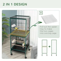 PawHut 55.1" 2 In 1 Bird Cage Aviary Parakeet House for finches, budgies with Wheels, Slide-out Trays, Wood Perch, Green(m-4)