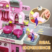 Qaba Kids Play Kitchen with Lights, Sounds, 33 Accessories & Storage for Toddler 3-6 Years(m-5)
