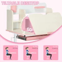 Qaba Kids Desk and Chair Set with Hand Crank, Tilted Desktop, Height Adjustable Student Writing Desk & Chair with Adaptive Seat Back, Footrest, Bookshelf, Drawer, Pen Holder, Pink(m-5)