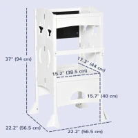 Qaba Kids Kitchen Helper Foldable Step Stool Toddler Kitchen Stool with Blackboard Lockable Handrail for 3-6 Years old White(m-3)