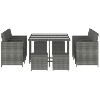 Outsunny 11 Pieces Outdoor Dining Set for 10, Space Saving Wicker Chairs and Glass Table with Cushions and Ottomans, Rattan Conversation Patio Furniture Set for Garden Backyard Deck, Dark Gray(m-11)