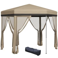 Outsunny 12'x12' Pop Up Canopy, Hexagon Gazebo with Netting, Carry Bag, Height Adjustable Instant Shelter, Khaki(m-11)