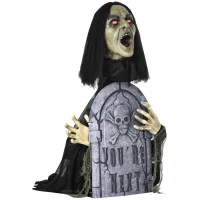 Outsunny 30" Life Size Outdoor Halloween Decorations Female Ghost with Tombstone, Animated Prop Animatronic Decor with Sound and Motion Activated Light Up Eyes, Spooky Sound(m-11)