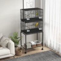 PawHut 65" Birdcage for Canaries, Lovebirds Finches, Budgie Cage with Wheels, Black(m-1)