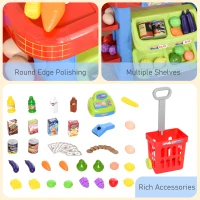 Qaba Supermarket Playset Cash Register Toy for Kids, 50 Pcs Grocery Store Pretend Play Toy with Food, Check-Out Counter, Scanner, Shelves, Gift for Boys Girls Age 3 4 5 6(m-6)
