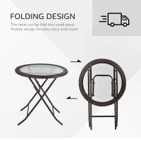 Outsunny 26.8" Dia. (68 Dia. cm) Folding Round Tempered Glass Metal Table with Brown Rattan Edging, Brown(m-6)