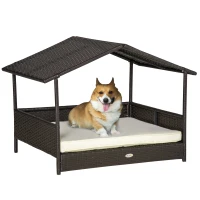 PawHut Elevated Rattan Dog House Outdoor with Canopy, Wicker Dog Bed with Water-Resistant Cushion, for Small and Medium Dogs Cream White(m-2)