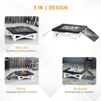 Outsunny 34" Outdoor 3 in 1 Steel Square Firepit Portable Stove with Spark Screen Cover, Log Grate, Poker, Grill Net for Patio, White & Black(m-4)