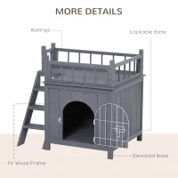 PawHut 2-Story Pet House for Cats Miniature Sized Dogs, Wooden Kitten Shelter with Enclosure, Balcony, Lockable Gate, Stairs, Grey(m-5)
