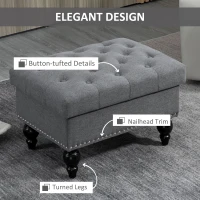 HOMCOM Ottoman with Storage for Living Room, 25" Storage Ottoman with Removable Lid, Button-Tufted Fabric Bench for Footrest and Seat with Wood Legs, Gray(m-7)