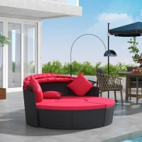 Outsunny 4-piece Round Sofa Bed, Outdoor Daybed with Retractable Canopy, PE Rattan Wicker Patio Lounge Chair(m-8)