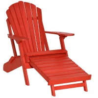 Outsunny Folding Adirondack Chair with Ottoman, Outdoor Wooden Lounger for Patio, Porch, Poolside, Garden, Red(m-2)