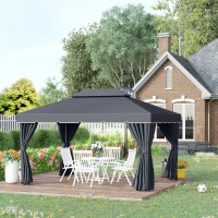 Outsunny 13' x 10' Outdoor Patio Gazebo Canopy with 2-Tier Polyester Roof, Vented Mesh Sidewall & Strong Aluminum Frame, Black(m-8)