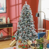 HOMCOM 6 Foot Artificial Flocked Christmas Tree with Snow, Metal Stand, Hinged Xmas Tree for Home Office Holiday(m-9)