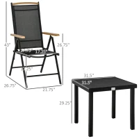 Outsunny 5 Piece Outdoor Furniture Patio Dining Set For 4, Square Outdoor Dining Table, Adjustable Reclining Folding Chairs, Black(m-3)