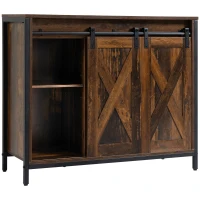 HOMCOM Industrial Sideboard Buffet Cabinet, Coffee Bar Cabinet, Kitchen Cabinet with Sliding Barn Doors, Storage Cabinets and Adjustable Shelves for Living Room, Home Bar, Rustic Brown(m-11)