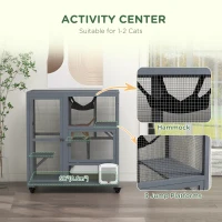 PawHut Cat Condo Wooden Indoor Cat House on Wheels with Cat Flap Door Platforms Hammock Openable Top for 2 Cats, Light Grey(m-4)