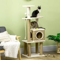 PawHut Modern Cat Tree with Scratching Posts and Rattan Cat House, Small Cat Tower for Indoor Cat Furniture, Beige(m-2)