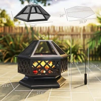 Outsunny 28" Outdoor Fire Pit with Grill Hexagon Fireplace Wood Burning Firepit with Cooking Grate, Fire Poker, Spark Screen Lid(m-3)