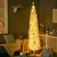 HOMCOM 7' Pre Lit Artificial Pencil Christmas Trees, Xmas Tree with Realistic Branches and Warm White LED Lights, White(m-8)