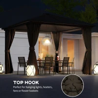 Outsunny 10' x 10' Hardtop Gazebo Canopy, Permanent Pavilion with Hook, Curtains, Aluminum Frame for Patio, Garden, Dark Brown(m-6)
