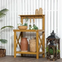 Outsunny 2-Level Outdoor Potting Bench, Wooden Potting Table with Storage Shelf and Top Hooks for Greenhouse, Garden, Patio(m-8)