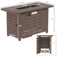 Outsunny 42 Inch Outdoor Propane Gas Fire Pit Table, 50,000 BTU Auto-Ignition Rectangular Gas Firepit with Slat Tabletop, Lid, Lava Rocks, Rain Cover, CSA Certification, Brown(m-3)