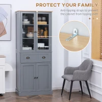 HOMCOM 72" Freestanding Kitchen Pantry Cabinet, Tall Storage Cabinet with Glass Doors, Drawer and Adjustable Shelves for Dining Room, Grey(m-7)