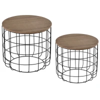 HOMCOM Round Coffee Table Set of 2, Industrial End Tables with Extra Storage Space for Living Room, Brown and Black(m-1)