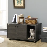 PawHut Litter Box Furniture Hidden Cat Washroom Furniture with Double Doors and Scratching Pad, Black(m-8)
