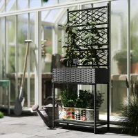 Outsunny Outdoor Wicker Planter with Trellis for Climbing Plants, Freestanding Rattan Garden Box with Storage Shelf, Black(m-8)