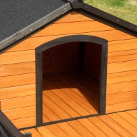 PawHut Outdoor Dog House with Porch, Wooden Dog Kennel with Water-resistant Asphalt Roof, Ladders, Fencing, Window, for Small and Medium Dog, Natural(m-8)