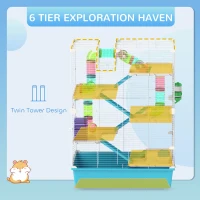 PawHut 6 Tier Hamster Cage w/ Tunnels and Tubes, Hut, Wheel, Food Dish, Water Bottle, Ramps, for Dwarf & Gerbil, Light Blue(m-4)