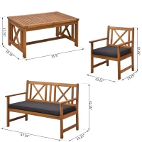 Outsunny 4 Piece Acacia Wood Outdoor Patio Furniture Set with 2 Armchairs, 1 Sofa, & 1 Coffee Table, Cushions Included(m-3)