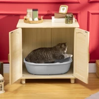 PawHut Cat Litter Box Enclosure with Soft Cushion, Indoor Cat Washroom Storage Bench End Table with PE Rattan Trim, Magnetic Doors, Easy Assembly, Oak(m-1)