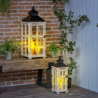 HOMCOM 2 Pack 31"/21" Large Rustic Lantern Decorations, Hanging Wooden Metal Indoor Covered Outdoor Lantern for Home Decor (No Glass), Black and Distressed Natural Wood Color(m-2)