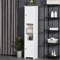 HOMCOM Tall Bathroom Storage Cabinet, Freestanding Linen Tower with 2-Tier Shelf and 2 Cabinets, Narrow Side Floor Organizer, White(m-10)