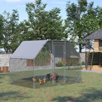 PawHut Chicken Run, Galvanized Large Metal Chicken Coop Cage, Walk-in Enclosure Poultry Hen Run House Playpen Rabbit Hutch with Flat Roof, Cover, 9.2' x 6.2' x 6.5', Silver(m-8)