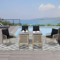 Outsunny 7 Pieces Wicker Patio Dining Set Outdoor Furniture Set with Removable Cushions, Glass Top Dining Table, PE Rattan Conversation Set for Garden Poolside Backyard, Black(m-1)